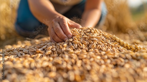 Person inspecting wheat grains for quality, ensuring crops meet high standards for harvest in agriculture, Created with Generative AI.