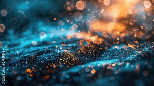 A blurry image of a blue and orange background with a lot of sparkles. The image has a dreamy and ethereal quality to it, with the bright colors