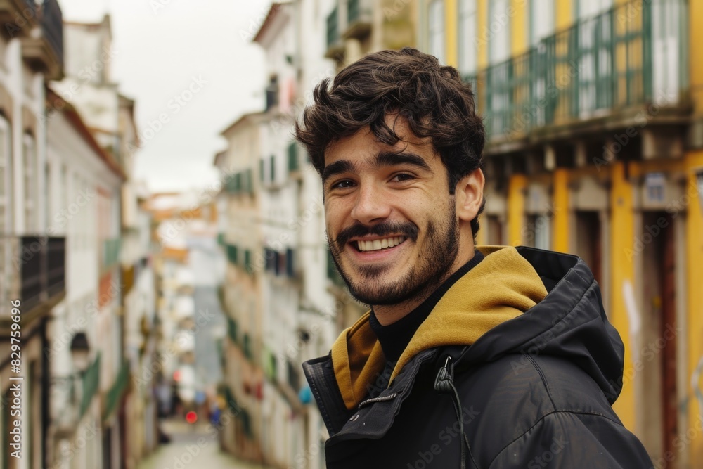 A man with a beard and a yellow hoodie is smiling in front of a building. Concept of warmth and happiness, as the man is enjoying his time outdoors A man with a beard and a yellow hoodie is smiling in front of a building. Concept of warmth and happiness, as the man is enjoying his time outdoors
