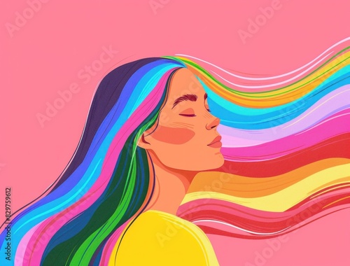 Rainbow colored long hair blowing in the wind beauty and artistic fashion concept illustration of woman with windy hair