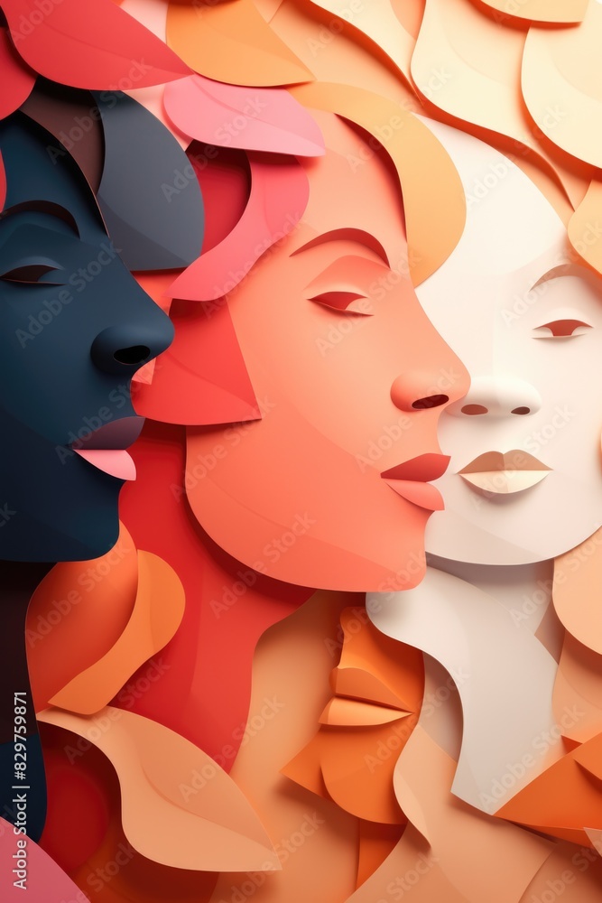 Three women with different colored faces are shown in a collage. The faces are drawn in a way that they appear to be overlapping each other. Scene is one of diversity and inclusivity