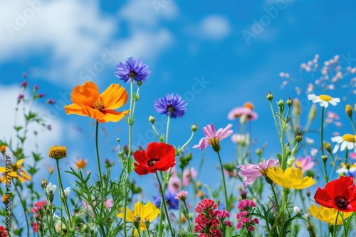 A field of flowers with a blue sky in the background. The flowers are of various colors and sizes  creating a vibrant and lively scene