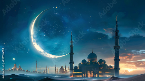 An illustration shows an amazing mosque with intricate architecture at night with star and moon. Spiritual value of mosque architecture in Muslim traditions. Generative AI. photo