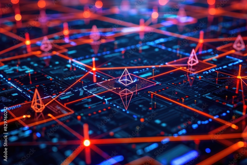 A computer screen with a red and blue background and a red triangle in the middle. The triangle is surrounded by a network of lines and dots A computer screen with a red and blue background and a red triangle in the middle. The triangle is surrounded by a network of lines and dots