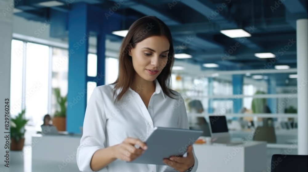 A woman is sitting in a cubicle with a tablet in her hand. She is looking at the screen and she is focused on the content. The cubicle is filled with various electronic devices, including a laptop A woman is sitting in a cubicle with a tablet in her hand. She is looking at the screen and she is focused on the content. The cubicle is filled with various electronic devices, including a laptop