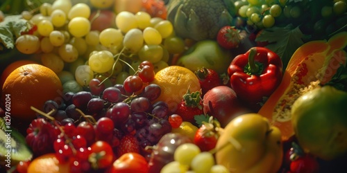 A colorful assortment of fruits and vegetables  including oranges  grapes  and peppers. Concept of abundance and freshness  showcasing the variety of produce available