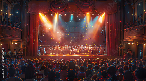 illustration of drama class rehearsal student dressed costume rehearsing scene play or musical stage set prop backdrop while student recite line perform choreography embody character passion enthusias photo