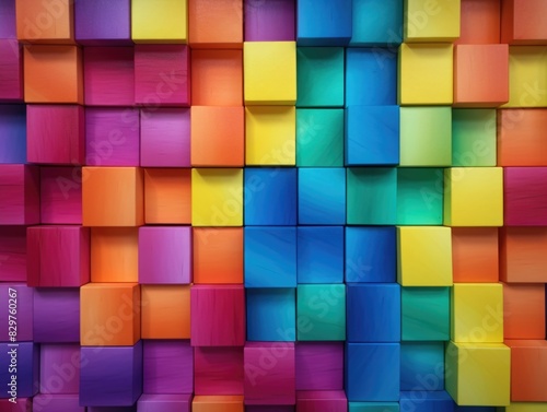 A colorful wall made of blocks with a rainbow pattern. The blocks are of different colors and sizes  creating a vibrant and lively atmosphere. The wall seems to be a work of art