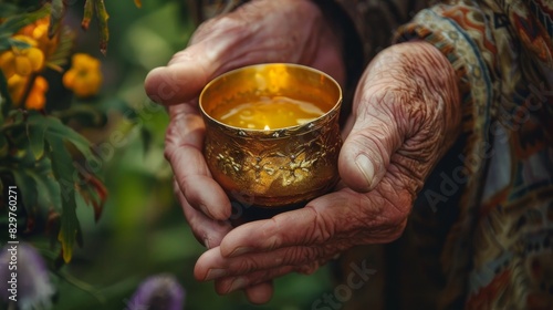 Hands hold a cup in a ceremonial drink, symbolizing unity and blessings in a traditional ritual, Created with Generative AI.