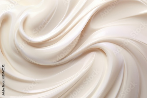 A white, creamy substance that appears to be a type of cream or frosting. The texture of the substance is smooth and flowing, creating a sense of movement and fluidity