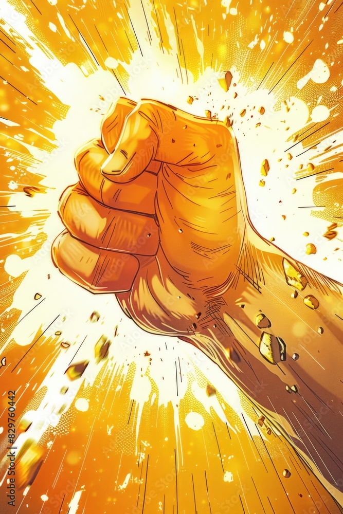 A hand is shown in a comic book with a fist clenched and a bright ...