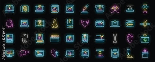 Bioprinting icons set outline vector. Anatomy bioprinter. Bone cell neon color on black