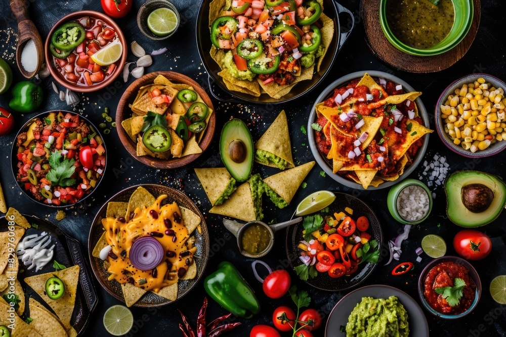 A table full of Mexican food including nachos, guacamole, and salsa. The table is set for a party or gathering A table full of Mexican food including nachos, guacamole, and salsa. The table is set for a party or gathering