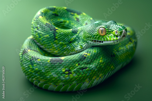 A green snake with its mouth open against a green backdrop