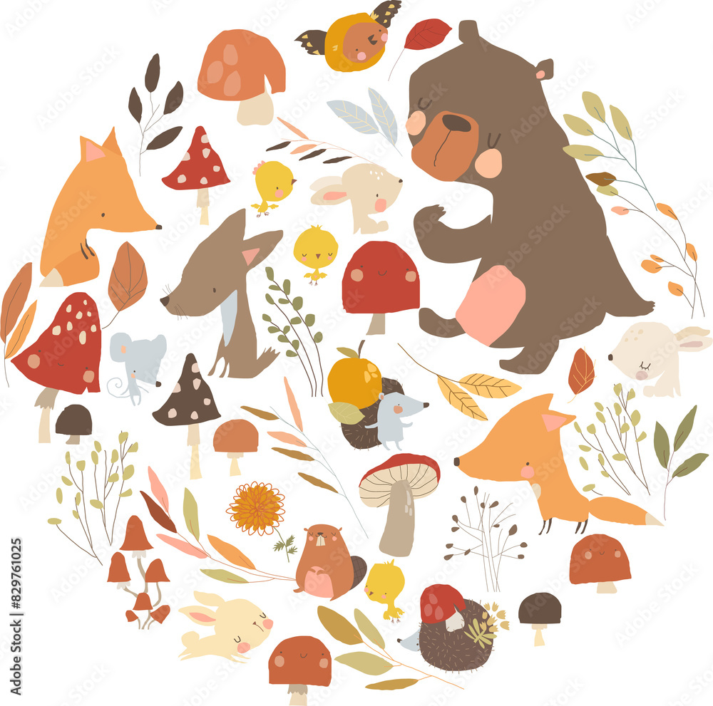 Vector Illustration with Group of Cartoon Animals, Leaves and Mushrooms Vector Illustration with Group of Cartoon Animals, Leaves and Mushrooms