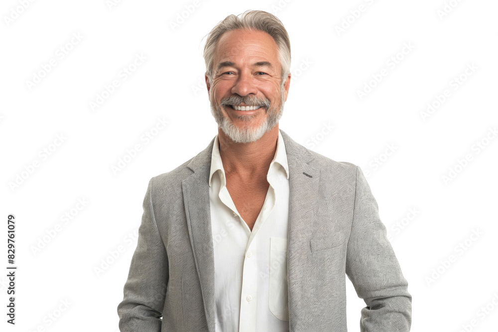 Middle-Aged Man in Light Grey Blazer Smiling on White Background Middle-Aged Man in Light Grey Blazer Smiling on White Background