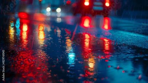 A night scene with a traffic light showing red, and the reflections of the lights on wet pavement after a rain.