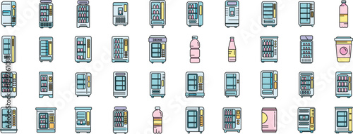 Drink machine icons set outline vector. Water plastic. Cooler bottle thin line color flat on white