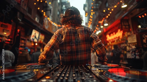 A DJ facing away from the camera, playing music at an outdoor event with bokeh lights
