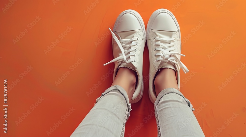 In a close-up shot, a woman is seen wearing a pair of new stylish sneakers against an orange background. In a close-up shot, a woman is seen wearing a pair of new stylish sneakers against an orange background.