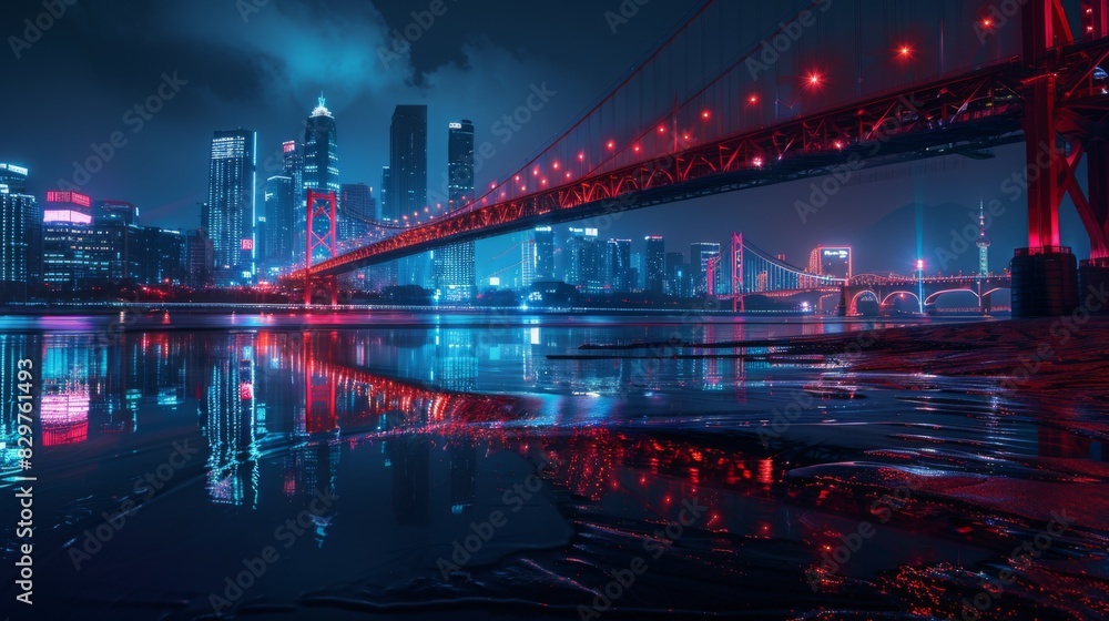 A panoramic night shot of a bridge spanning a river, with the illuminated cityscape in the background. A panoramic night shot of a bridge spanning a river, with the illuminated cityscape in the background.