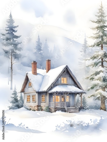 Winter Cottage House Nature Watercolor Art © PikGrand