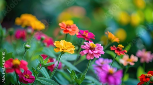 Close up of vibrant flowers blooming against a green backdrop