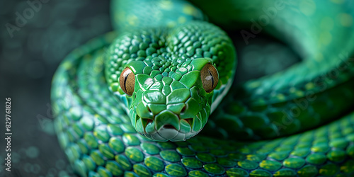 Detailed view of a green snakes head