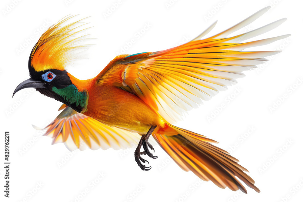 Obraz premium Stunning Bird of Paradise in Flight Against White Background