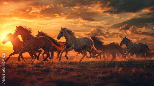 A herd of horses running across the dusty ground in front of the hills at sunset. Beautiful sunset orange light.