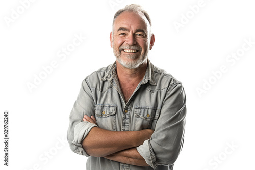 Middle-Aged Man in Grey Denim Shirt Smiling on White Background