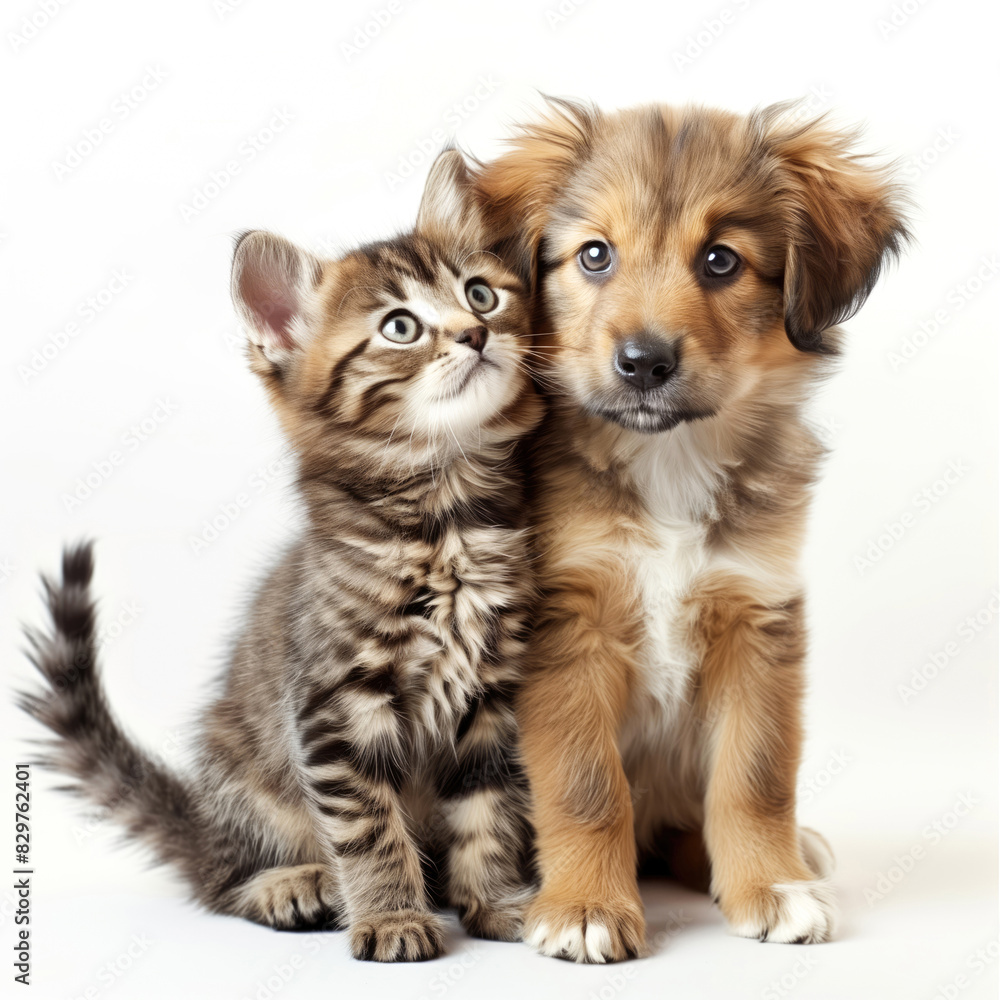 Adorable Puppy And Kitten Sitting Together On White Background