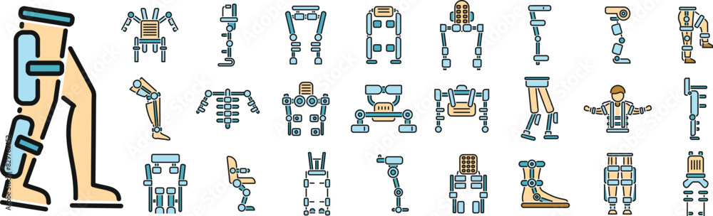 Exoskeleton icons set outline vector. Body cyber. Advanced future thin line color flat on white Exoskeleton icons set outline vector. Body cyber. Advanced future thin line color flat on white