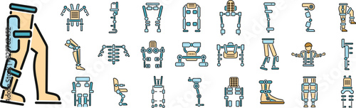 Exoskeleton icons set outline vector. Body cyber. Advanced future thin line color flat on white