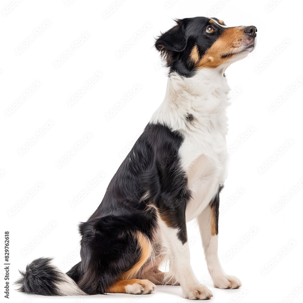 Tri-Color Dog Sitting and Looking Up Isolated on White Background Tri-Color Dog Sitting and Looking Up Isolated on White Background