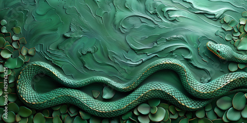 A painting of a green snake on a matching green background copy space photo