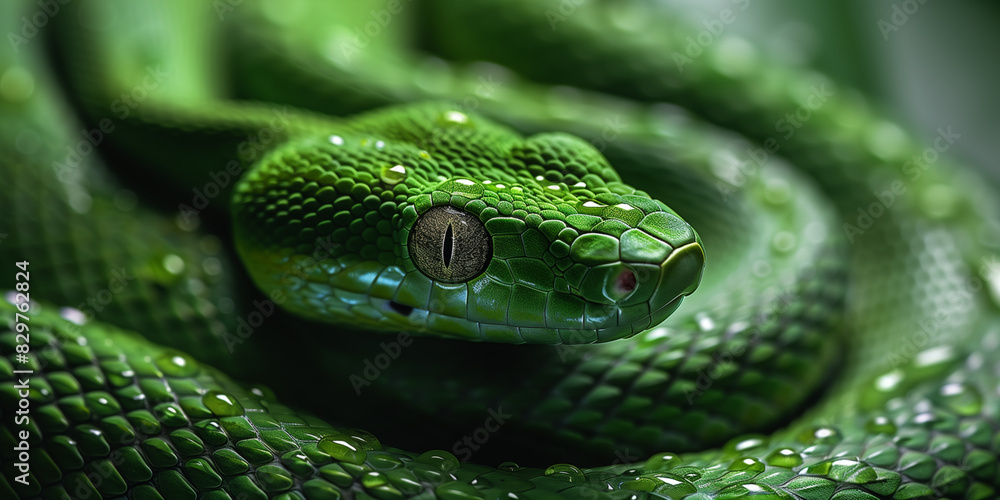 Obraz premium A close view of a green snake coiled on a tree branch