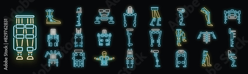 Exoskeleton icons set outline vector. Body cyber. Advanced future neon color on black