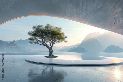 Modern buildings by the lake. Modern concrete architecture.