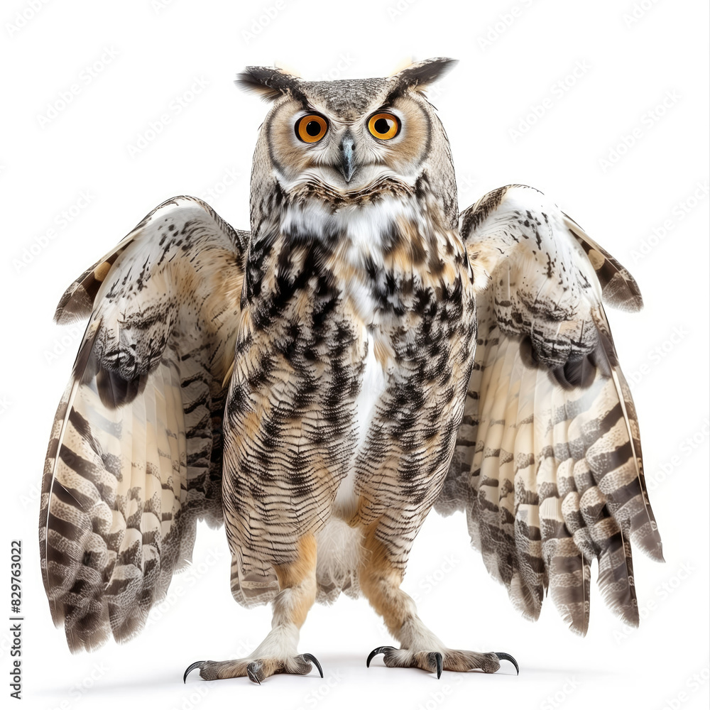 Majestic Owl with Wings Spread on White Background Majestic Owl with Wings Spread on White Background