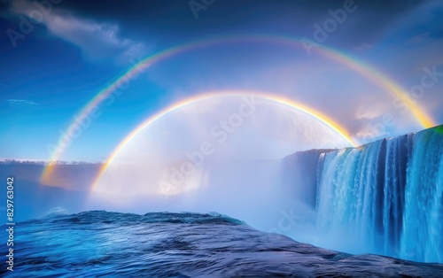 The Enchanting Sight of a Twin Rainbow Cascading Above a Waterfall Ai Generated