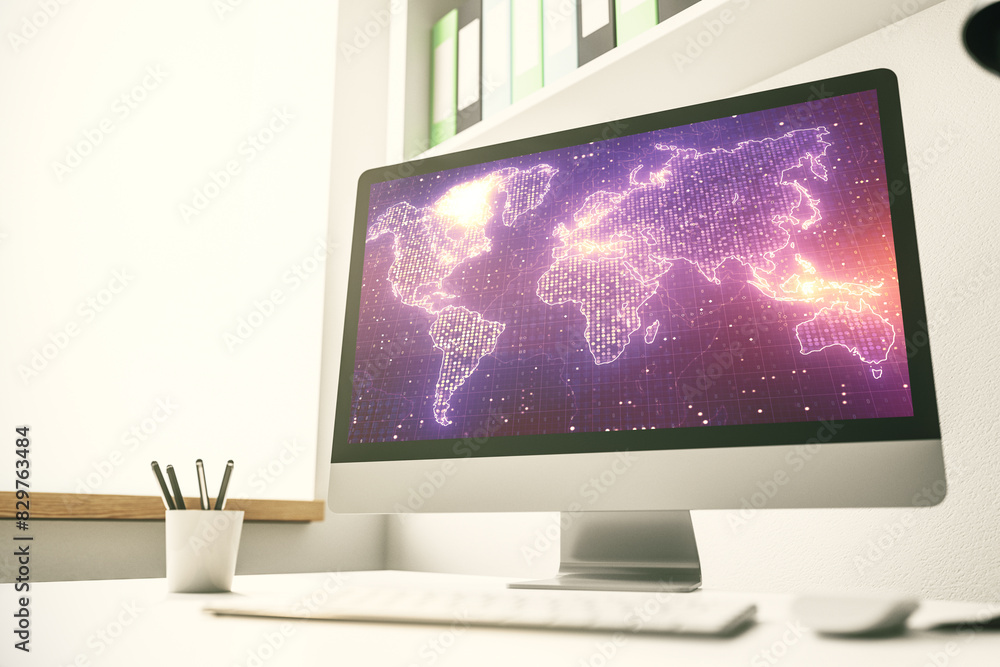 Fototapeta premium Abstract creative world map on modern laptop screen, international trading concept. 3D Rendering
