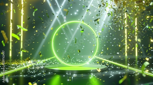 A futuristic award platform with a neon lime green glowing circle, intense light beams, and a shimmering rain of gold and silver confetti falling elegantly in an abstract, high-contrast background in