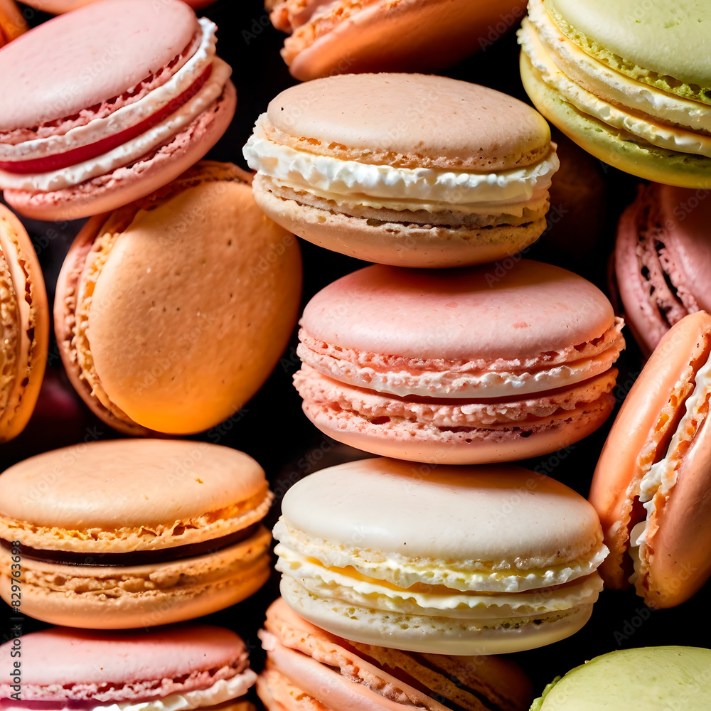 Close-up of macaroons of different colors on a gray background. Culinary concept of sweet pastries. Cookies and pastries cooking photos.
