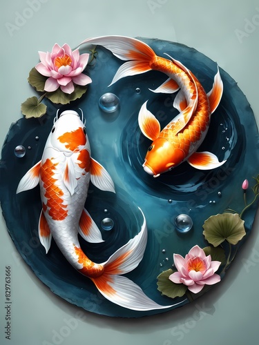 Koi fish yin yang painting generative AI illustration 