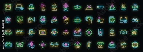 Augmented reality icons set outline vector. Virtual reality. Cube 360 neon color on black