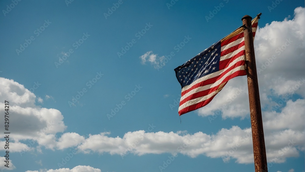 An American flag against a blue sky on an old rusty An American flag against a blue sky on an old rusty