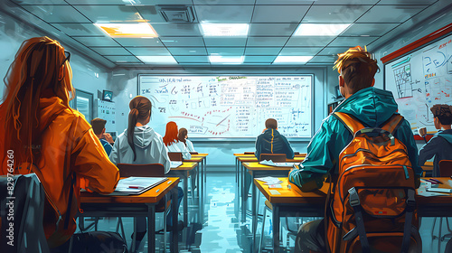 illustration of a math class in session with students solving equations on whiteboards working in pairs to tackle challenging problems and receiving guidance from their teacher photo