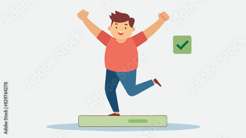 A man jumps for joy as he sees his weight on the scale has dropped by 10 pounds a small but significant victory in his weight loss journey.. Vector illustration