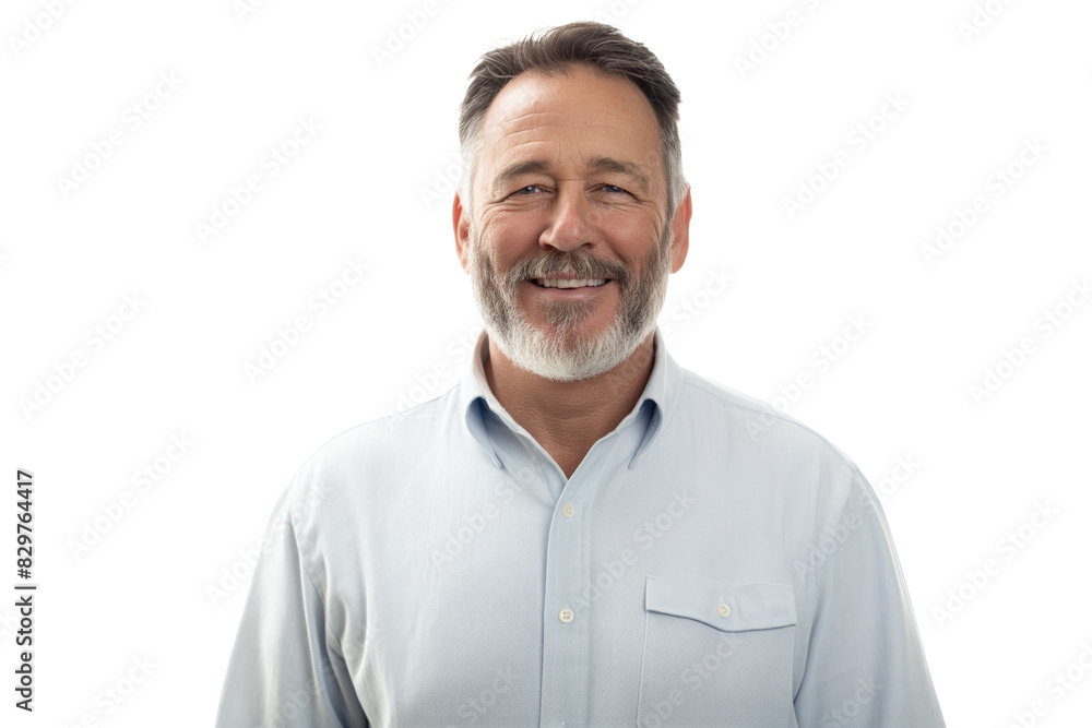 Middle-Aged Man in Light Blue Shirt Smiling on White Background Middle-Aged Man in Light Blue Shirt Smiling on White Background